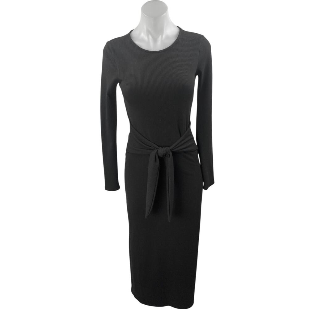Aqua Women's Black Rib Knit Tie Waist L:ong Sleeve Midi Bodycon Sweater Dress XS